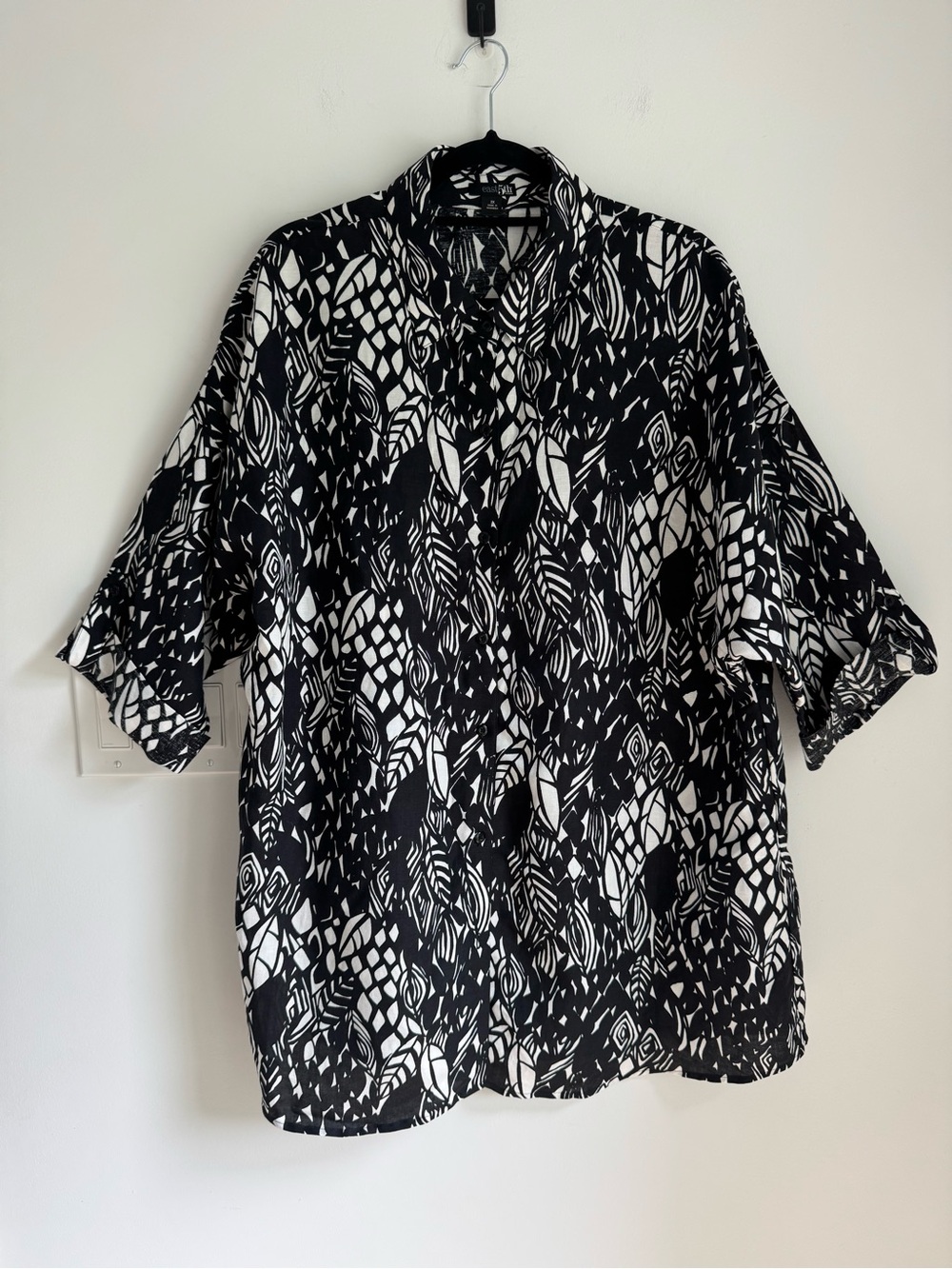 EAST 5TH Women's Linen Rayon Blouse 3/4 Sleeve Black White Geo Size 2X